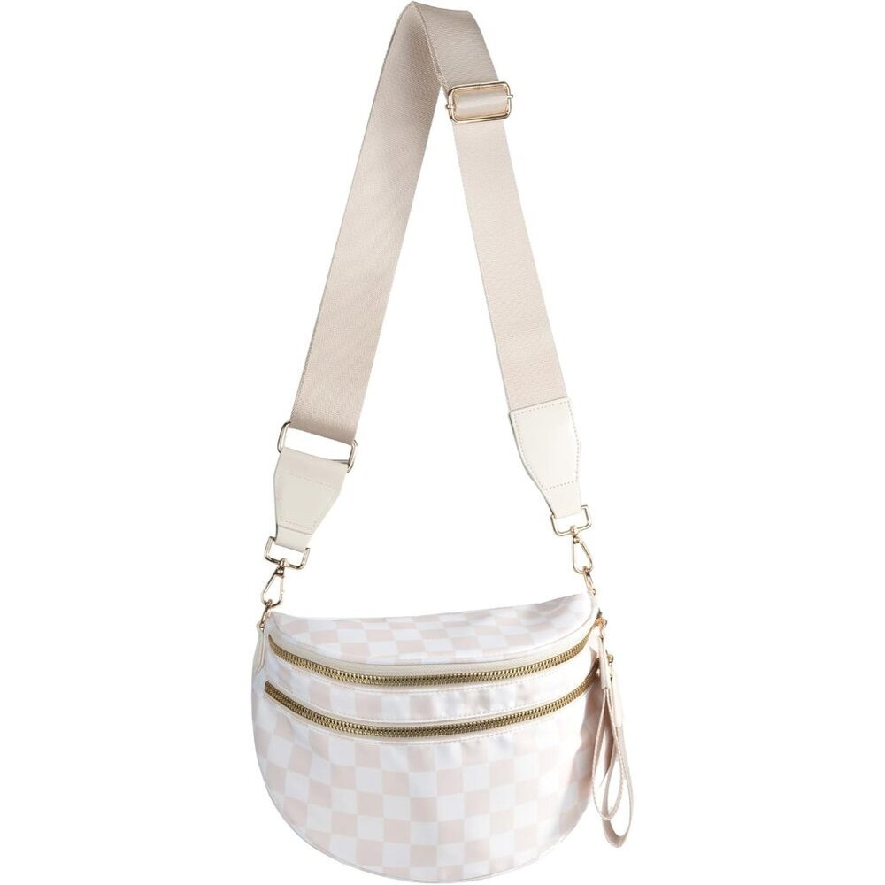 〽️Women's Beige Nylon Checkered Classic Adjustable Straps Zipper Crossbody Bag